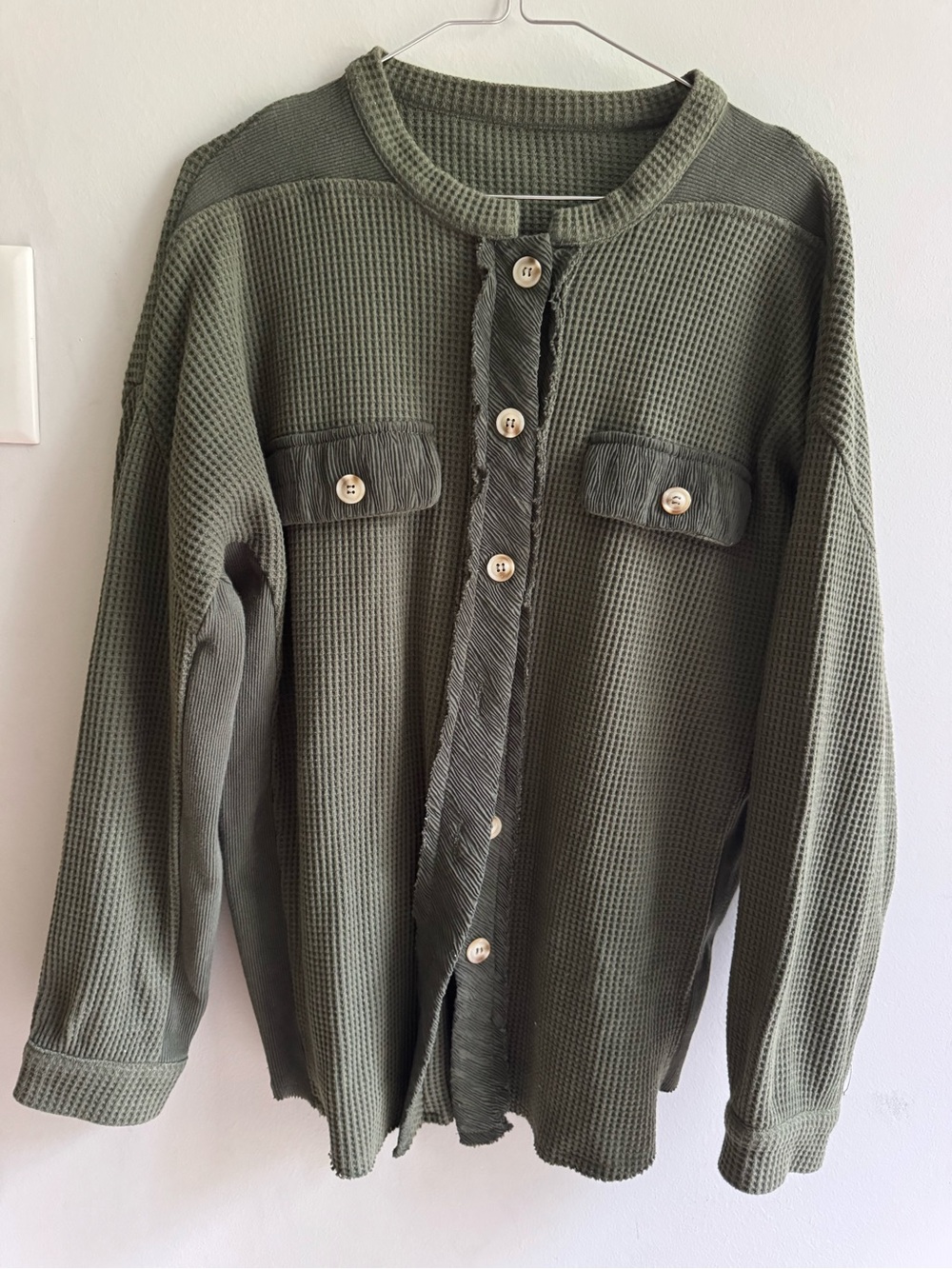 Women's Olive Green Waffle Knit Button-Up Shirt Jacket